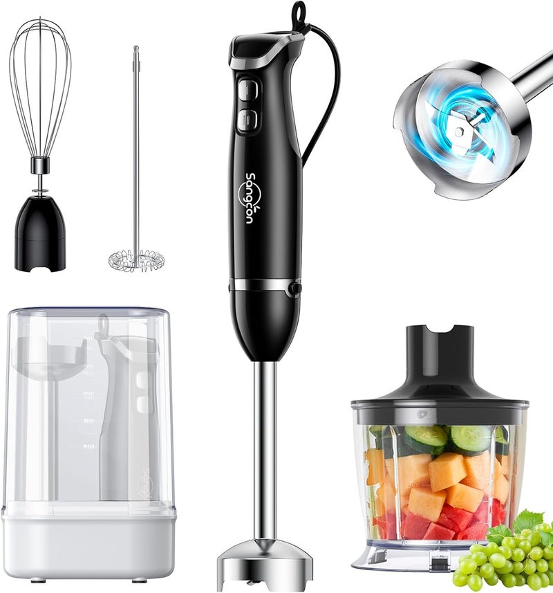 sangcon 6-in-1 Immersion Blender Handheld, Hand Blender with Chopper & 34oz Blending Cup Storage Base, 2-Speed Adjustable Stick Blender,Stainless Steel Blades, Detachable Blender, Whisk, Milk Frother - Image 1